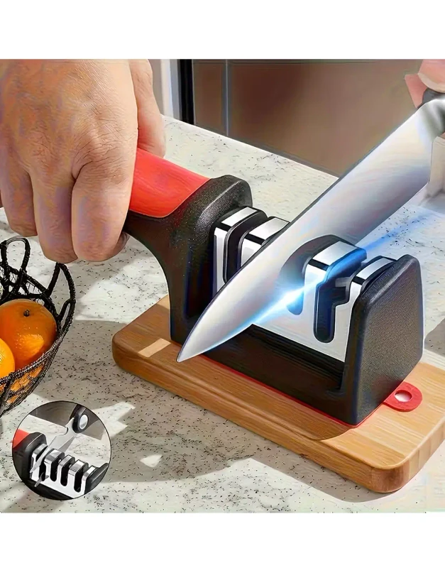 Red 4-stage knife and scissor sharpener with diamond, ceramic, and tungsten slots