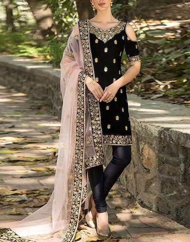 Adorable Embroidered Black Velvet Dress 2026 with Net Dupatta.