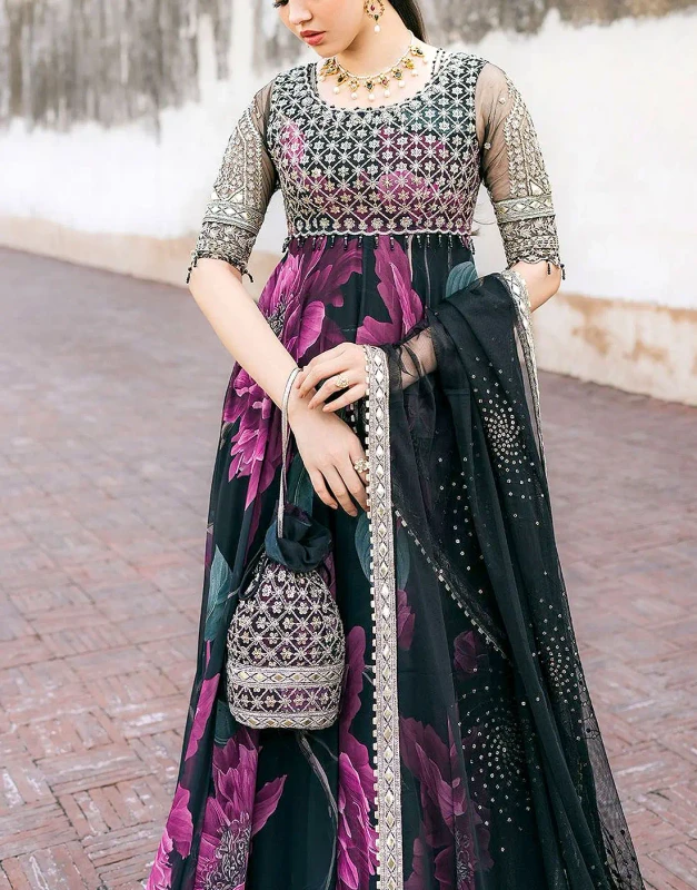Adorable floral print chiffon maxi dress for girls with 104-inch flare and embroidery