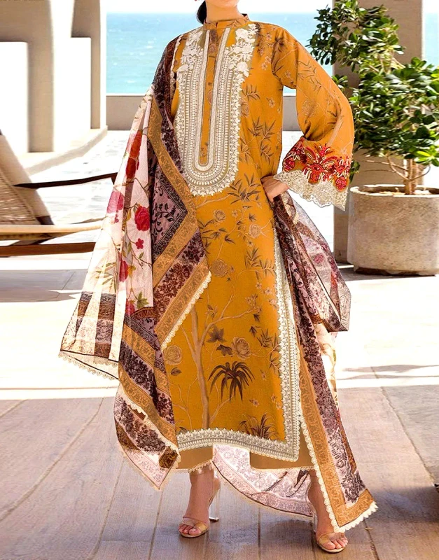 All-over digital print Karandi winter dress front view - embroidered unstitched 3-piece Pakistani outfit with printed shawl