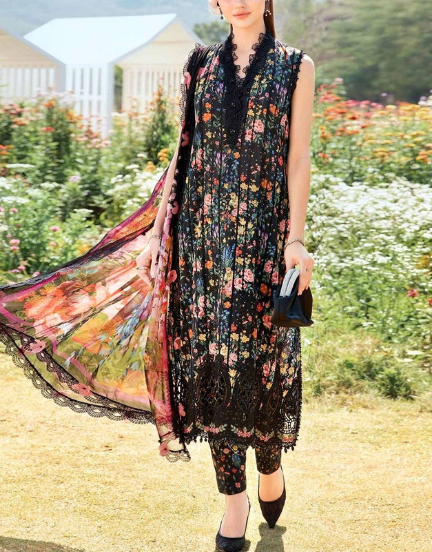Black All-Over Print Embroidered Lawn Suit 3-Pc with Printed Soft Chiffon Dupatta (2025).