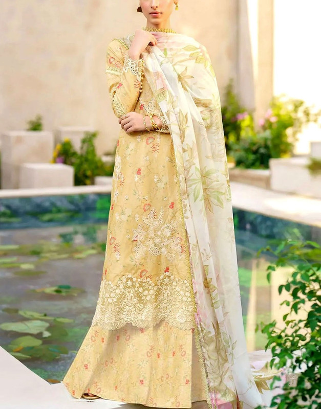Unstitched Luxury All-Over Print Embroidered EID Lawn 3-Piece Suit with Printed Soft Chiffon Dupatta.