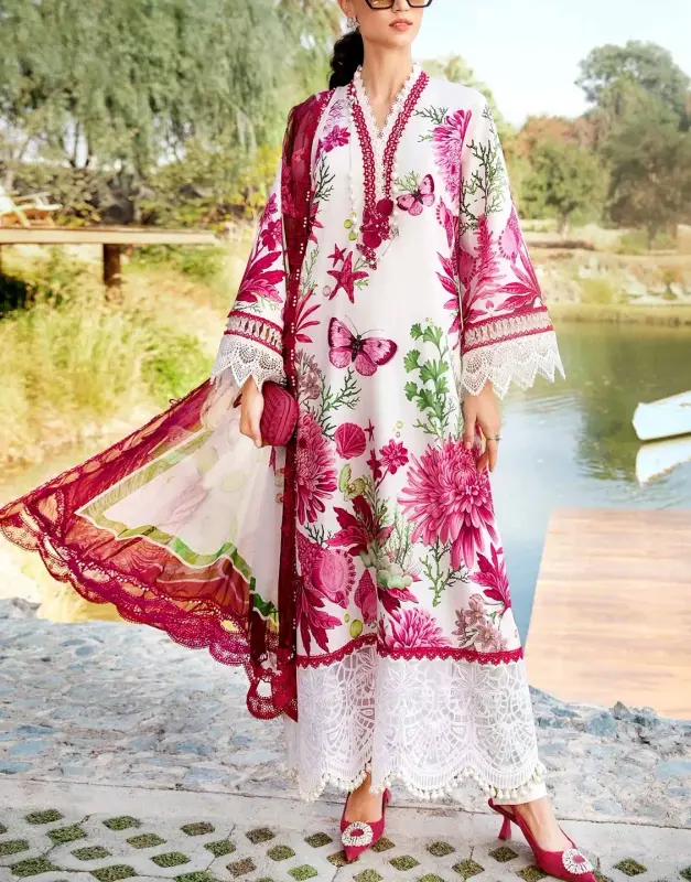 All-Over Print Embroidered EID Lawn Suit 3-Pc with Printed Soft Chiffon Dupatta (2025).
