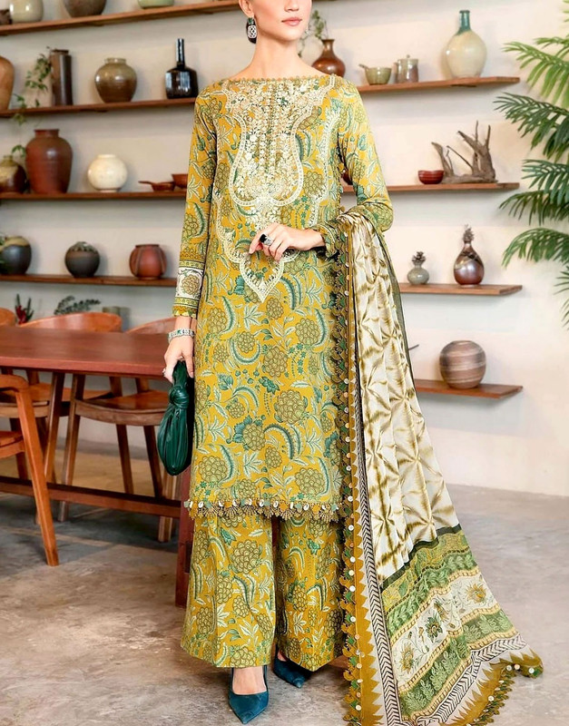 All-Over Print Embroidered Lawn 3-Piece Suit with 4-Side Embroidered Printed Chiffon Dupatta (2025).