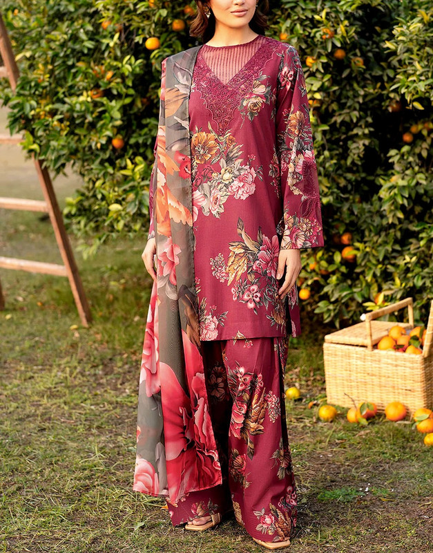 Elegant Embroidered Lawn Suit 3-Pc with Printed Soft Chiffon Dupatta (2025).