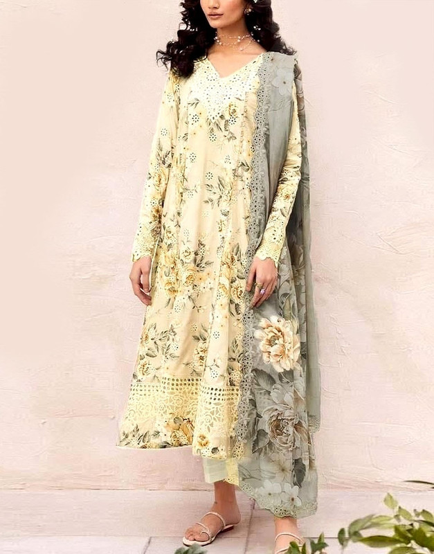 Schiffli Embroidered Lawn Suit 3-Pc with 4-Side Border Embroidered Soft Chiffon Dupatta (2025).