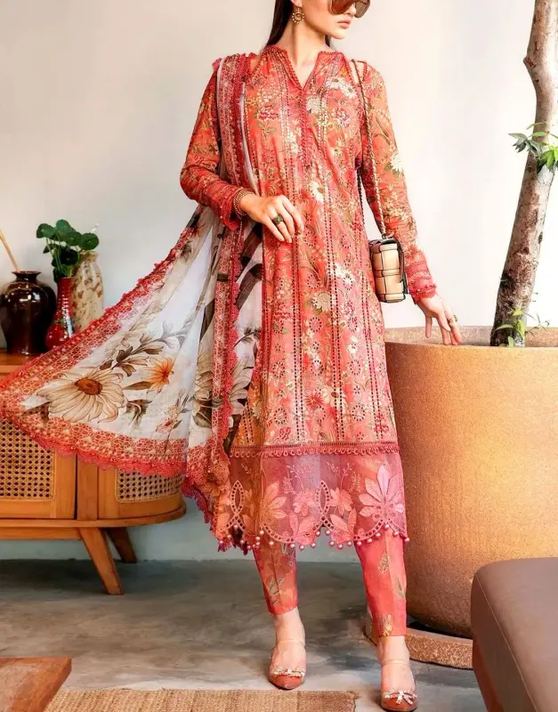 Schiffli Embroidered Lawn Suit 3-Pc with Printed Soft Chiffon Dupatta (Summer 2025).