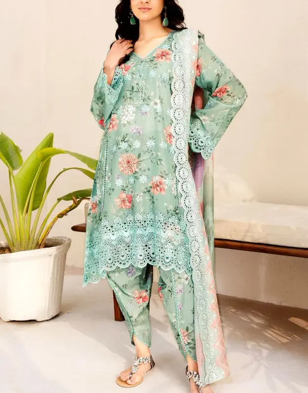 All-Over Print Schiffli Embroidered Lawn Suit 3-Pc with Embroidered Chiffon Dupatta.