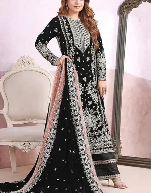 Aneela Black Embroidered Velvet Dress Luxury Wedding Outfit
