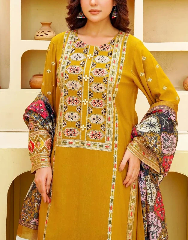 Aneela Gilded Rust Dhanak Winter Dress 3-piece with heavy embroidery and digital-print wool shawl