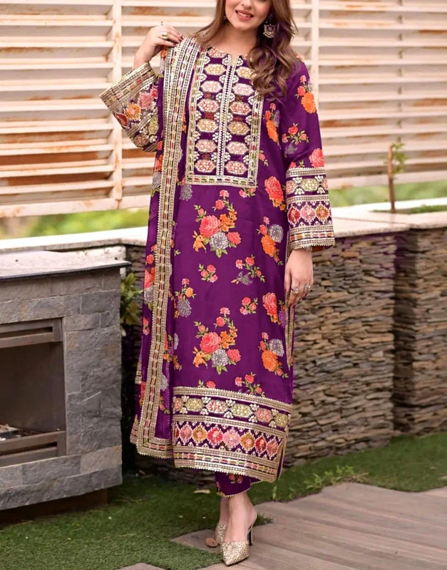Aneela Purple Digital-Print Silk Party Dress unstitched 3-piece with embroidered daman and silk dupatta