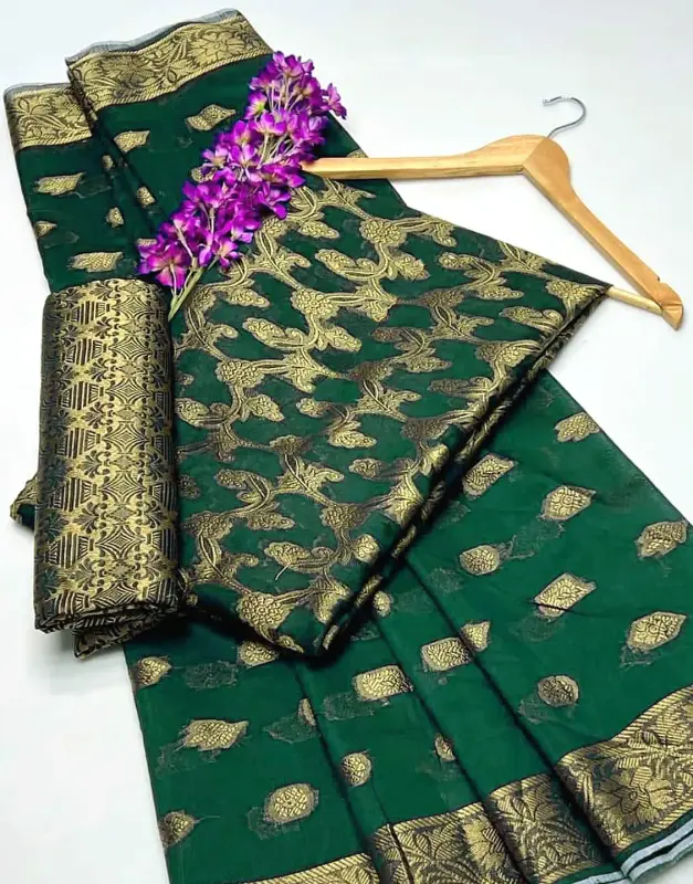 Unstitched Banarsi Style Printed Cotton Jacquard 3-Piece Suit with matching Dupatta and Tassels.