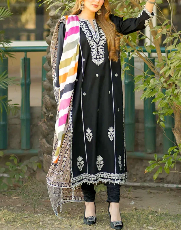 Elegant Black Dhanak Winter Party Dress with thread embroidery on front and sleeves, paired with digital shawl