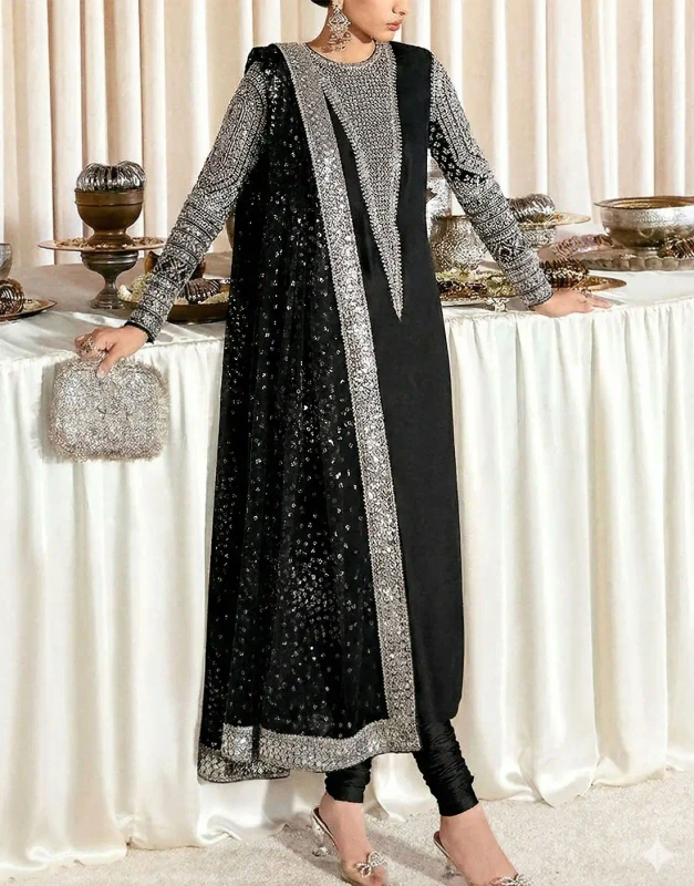 Black Hand-Embellished Raw Silk Wedding Dress with Glittering Sequins Net Dupatta