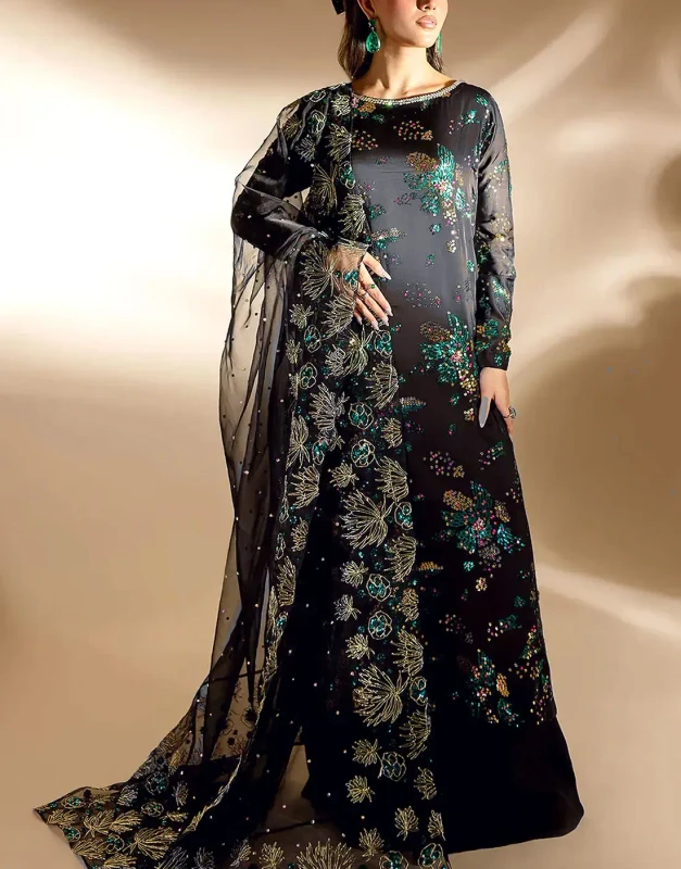Black Luxury Embroidered Chiffon Wedding Dress with Zari, Sequins, Thread Work