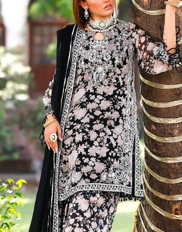 Black white floral chiffon unstitched party dress front view - Pakistani monochrome outfit with zari sequin embroidery