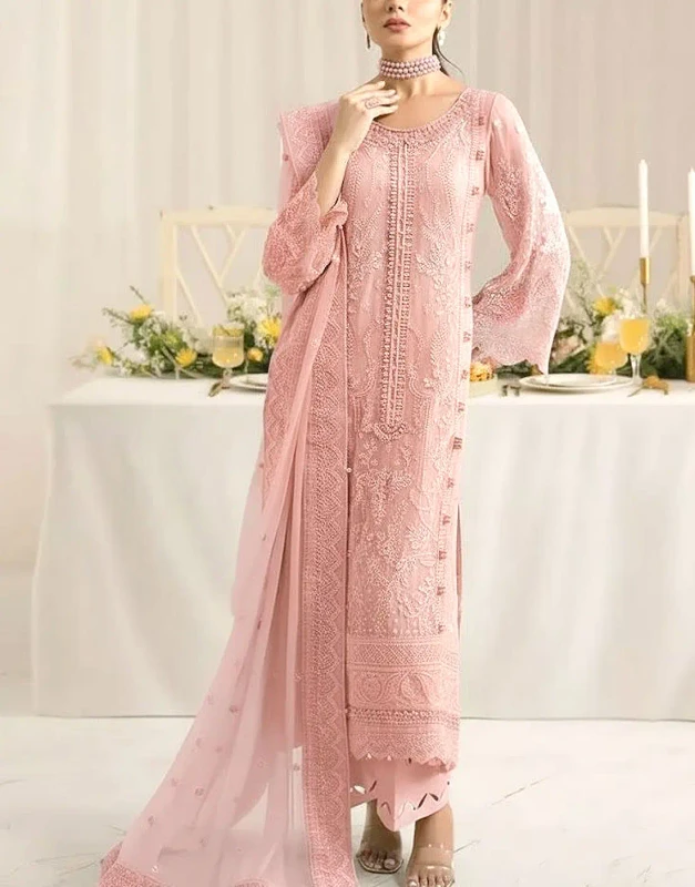 Blush pink embroidered chiffon party wedding dress front view - unstitched Pakistani luxury outfit with handcrafted neckline