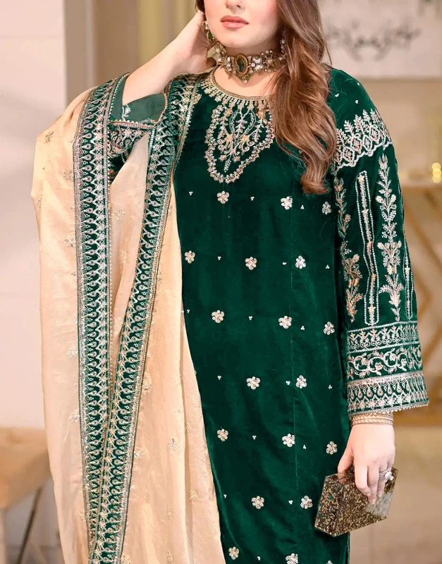 Bottle green velvet unstitched winter dress front view - Pakistani warm outfit with handwork pearls zari embroidery
