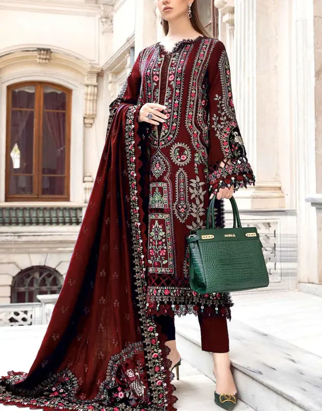 Cultural-Inspired Heavy Embroidered Lawn Suit 3-Pc with Embroidered Chiffon Dupatta (2025).
