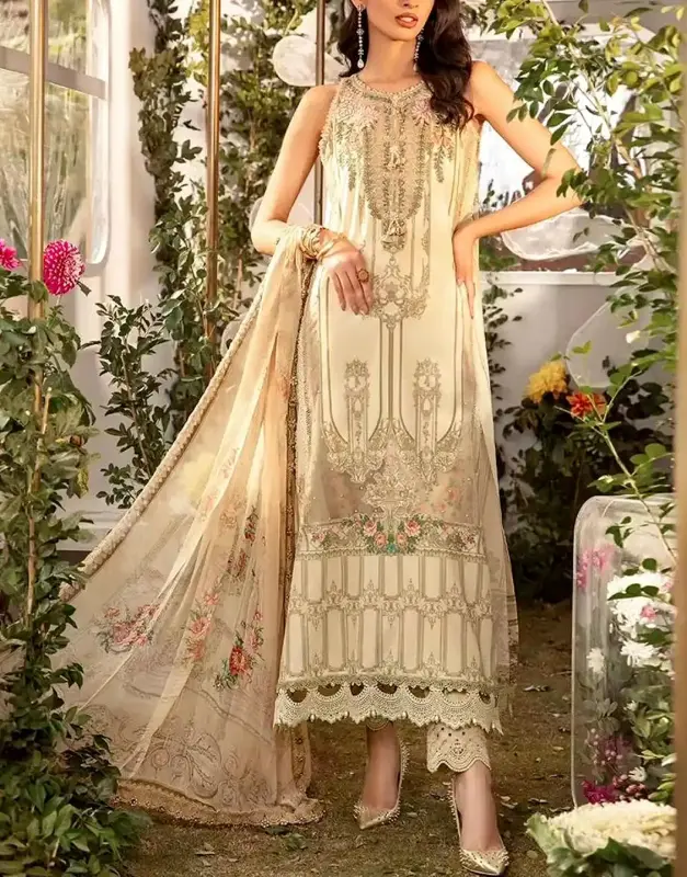 Decent Unstitched All-Over Print Lawn 3-Piece Suit with heavy embroidered neck and Printed Chiffon Dupatta.