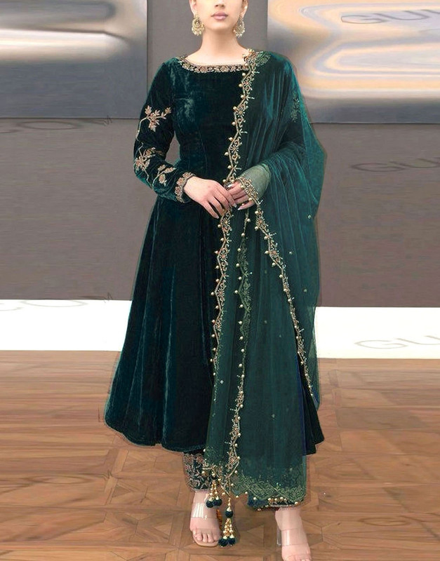 Decent Embroidered Zinc Velvet Dress 2026 with Heavy Embroidered Sleeves and Organza Dupatta.
