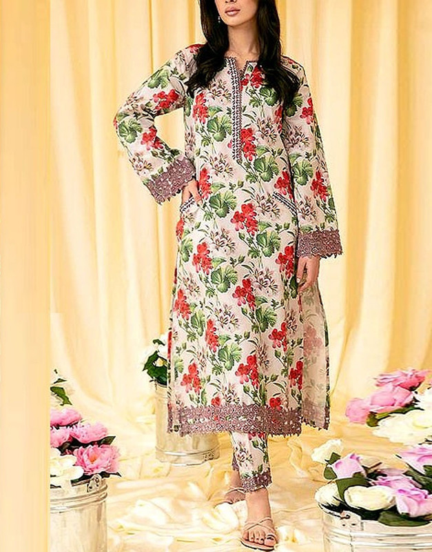 Digital All-Over Print Embroidered Lawn Suit 3-Pc with Digital Printed Silk Dupatta (2024).