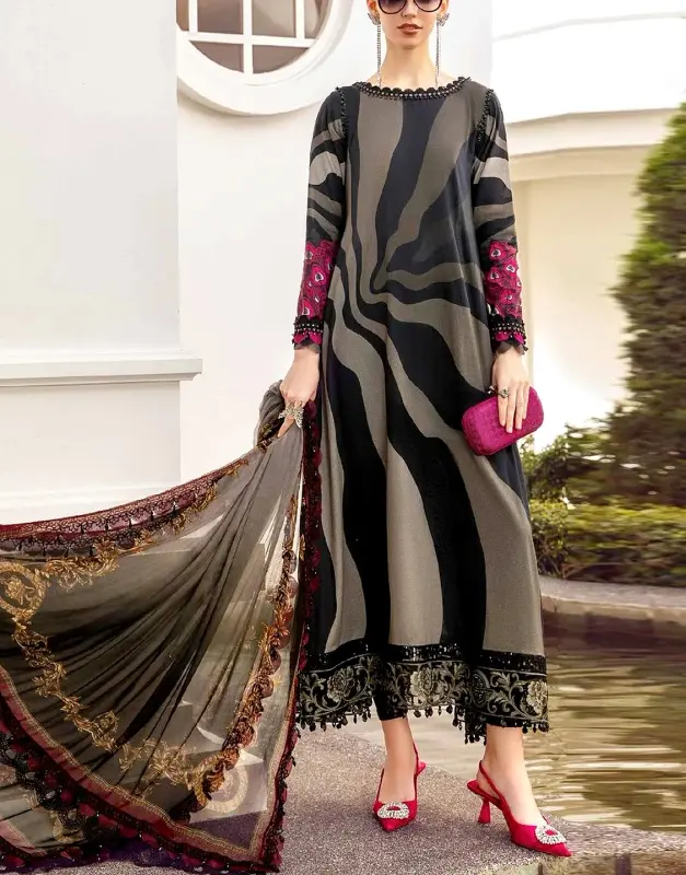 Elegant Unstitched Digital Print Swiss Lawn Suit with sequins embroidered neck and luxurious Printed Silk Dupatta.