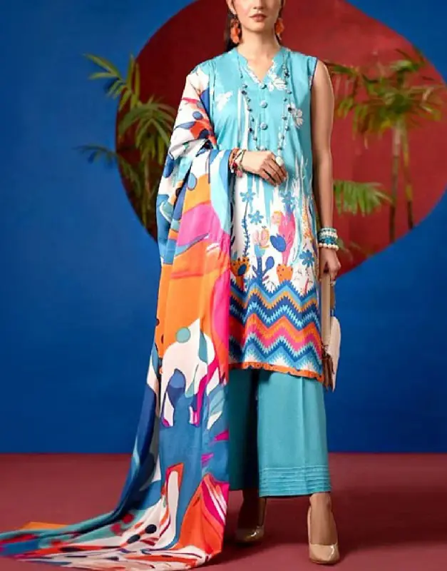 Unstitched High-Quality 90/70 Digital Print Lawn 3-Piece Suit with Digital Printed Diamond Voil Dupatta.