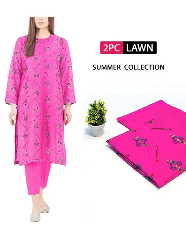 Elegant unstitched 2-Piece Lawn Suit with subtle embroidery across the front, back, and sleeves, paired with a plain trouser.