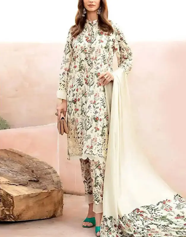 Elegant Unstitched Printed Lawn 3-Piece Suit with Heavy Embroidered Patches and Printed Chiffon Dupatta.