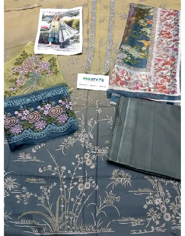Elegant Unstitched Swiss Lawn 3-Piece Suit with digital printed shirt and a Digital Print Silk Dupatta.