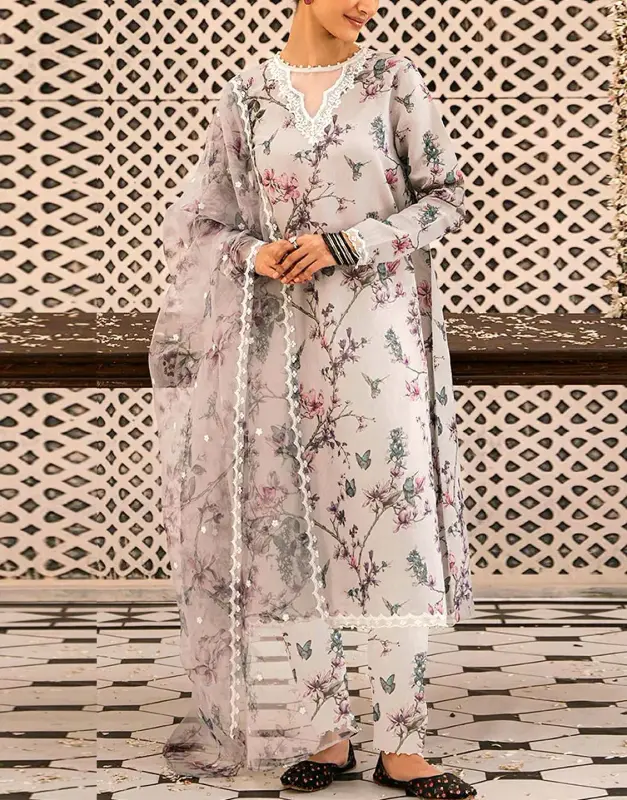 Elegant Unstitched Printed Embroidered Lawn Suit (90/70) with Digital Printed Organza Dupatta.