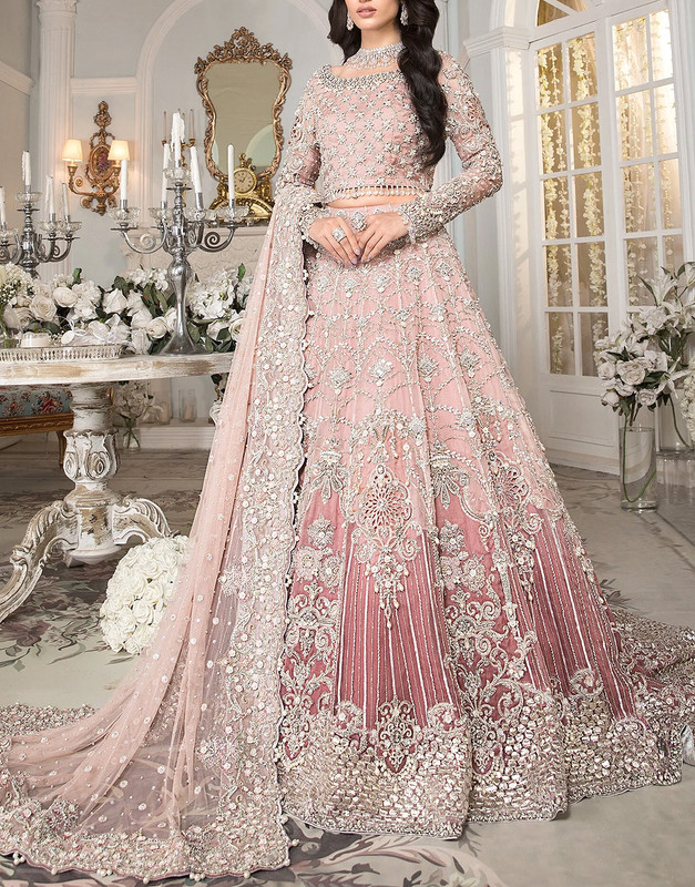 Fabulous Handwork Heavy Embroidered Net Bridal Maxi Suit with Silk Trouser.