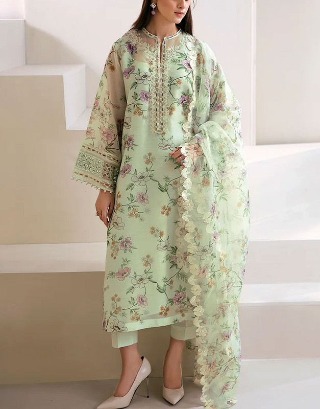 Fancy Embroidered EID Lawn Dress 3-Piece Suit with Embroidered Khaddi Net Dupatta.