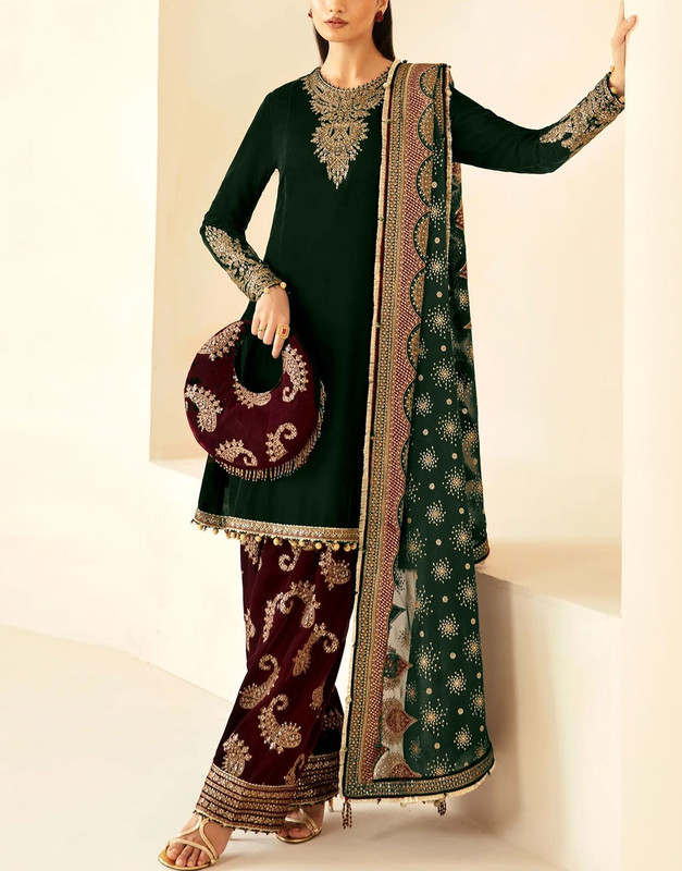 Formal Embroidered Velvet Party Wear Dress 2026 with Embroidered Silk Trouser.