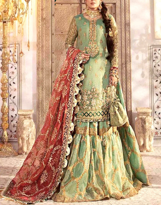 Glamorous Embroidered Masoori Bridal Suit 2026 with Organza Gharara and Hanging Tassels.