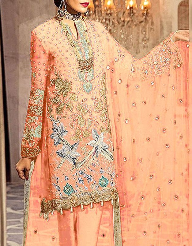 Handwork Heavy Embroidered Chiffon Party Wear Suit in Peach/Pink.