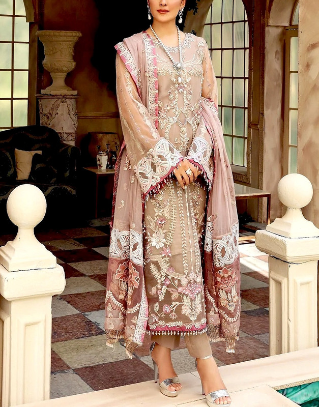 Handwork Heavy Embroidered Organza Party Wear Dress (Unstitched Suit).
