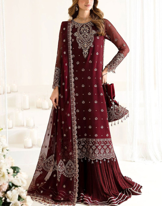 Heavy Embroidered Formal Chiffon Dress 2026 with Silk Gharara Trouser.