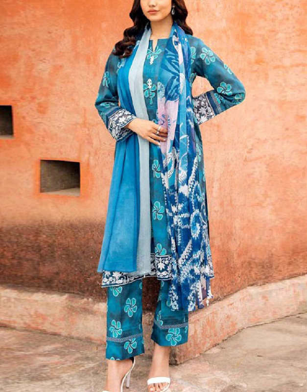 Unstitched Heavy Embroidered Printed Lawn 3-Piece Suit with Plain Chiffon Dupatta.