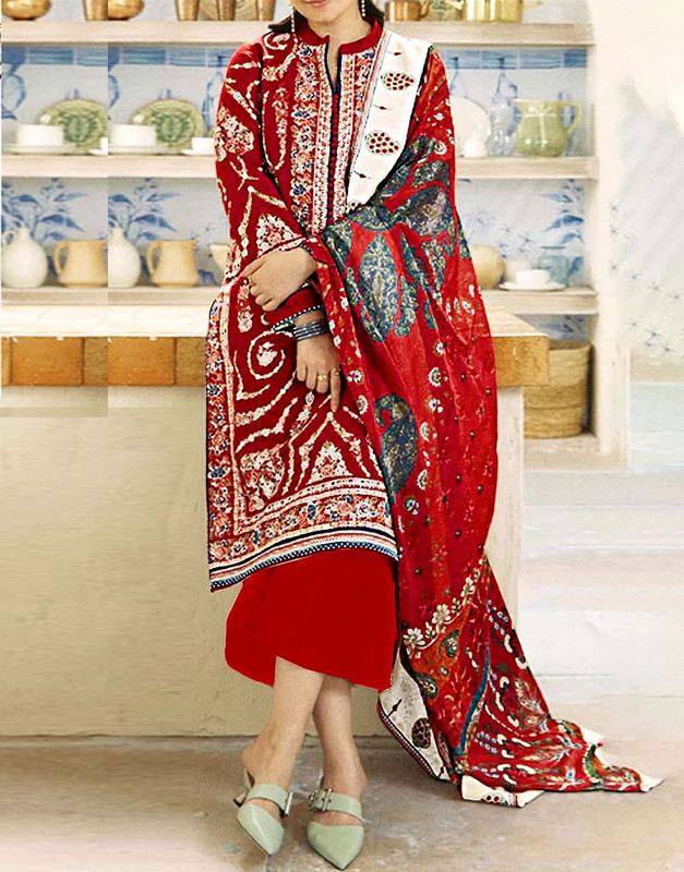 Unstitched Heavy Embroidered Lawn Suit (90/70) with Digital Print Diamond Zari Dupatta.