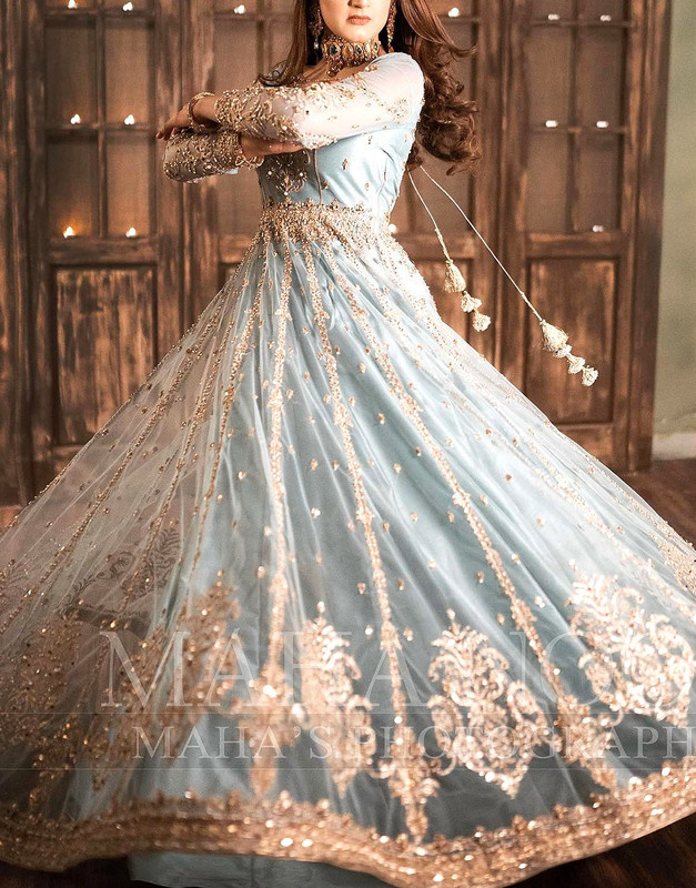 Heavy Mirror Work Blue Net Bridal Maxi Dress 2026 with Handwork Embroidery.