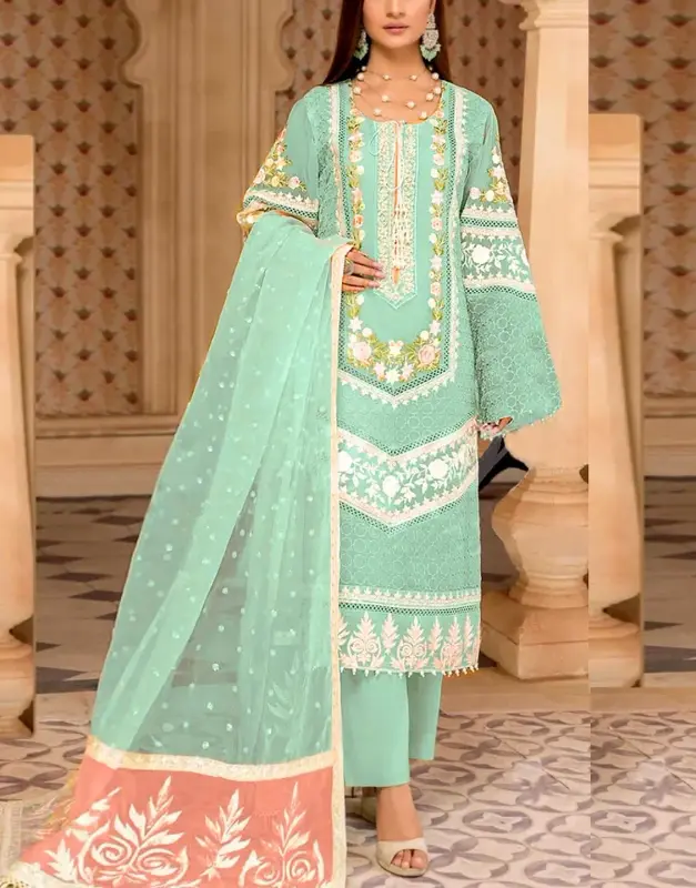 Unstitched Heavy Embroidered 90/70 Lawn 3-Piece Dress with Digital Print Diamond Zari Dupatta.