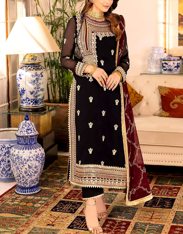 Black Chiffon Suit — Embroidered Detail, Made for Party Wear