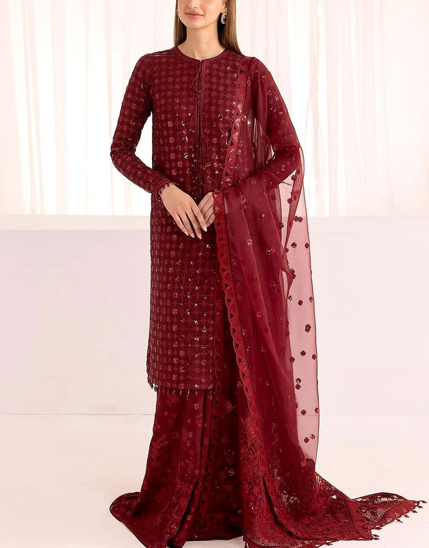 Graceful Maroon Suit in Chiffon — Wedding Ready