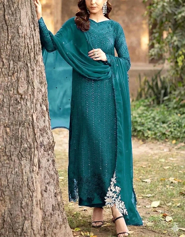 Chiffon Dress for Wedding — Embroidered Touch, Blue Finish