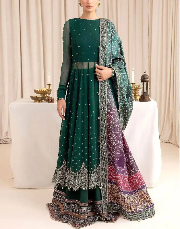 Luxurious Handwork Embroidered Chiffon Bridal Frock (40 inches length) with Embroidered Satin Silk Trouser.