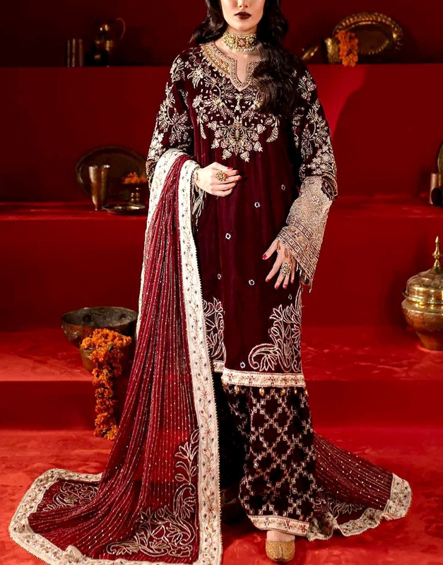 Luxurious Heavy Embroidered Velvet Dress 2026 in a deep color with Embroidered Silk Trouser.