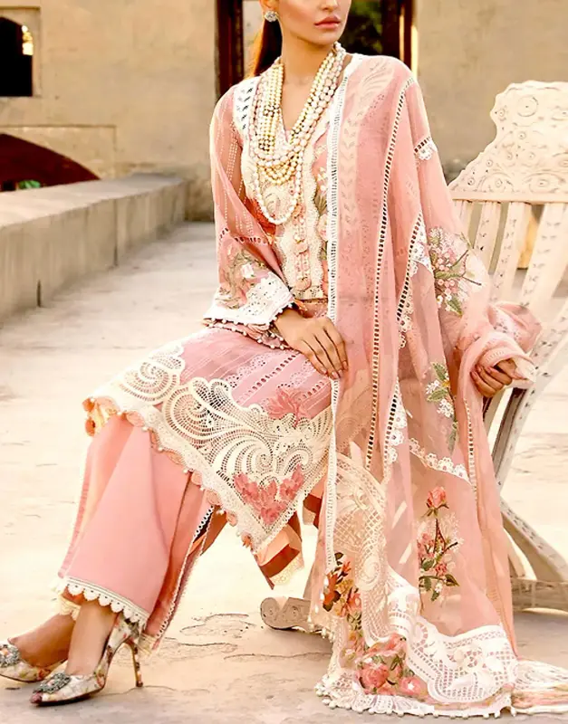 Luxurious unstitched Schiffli Embroidered Lawn 3-Piece Suit with Heavy 4-Side Embroidered Chiffon Dupatta.