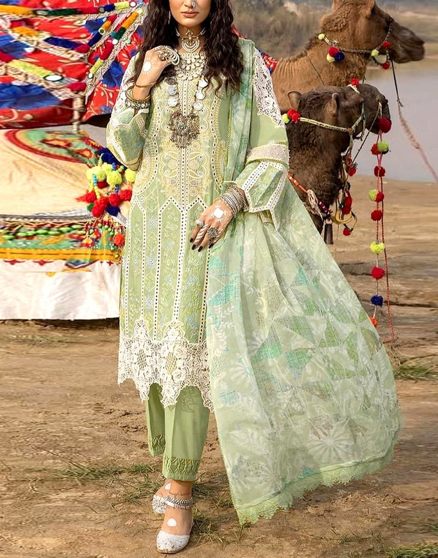 Luxurious Unstitched Heavy Schiffli Embroidered Lawn 3-Piece Suit with Digital Print Silk Dupatta.